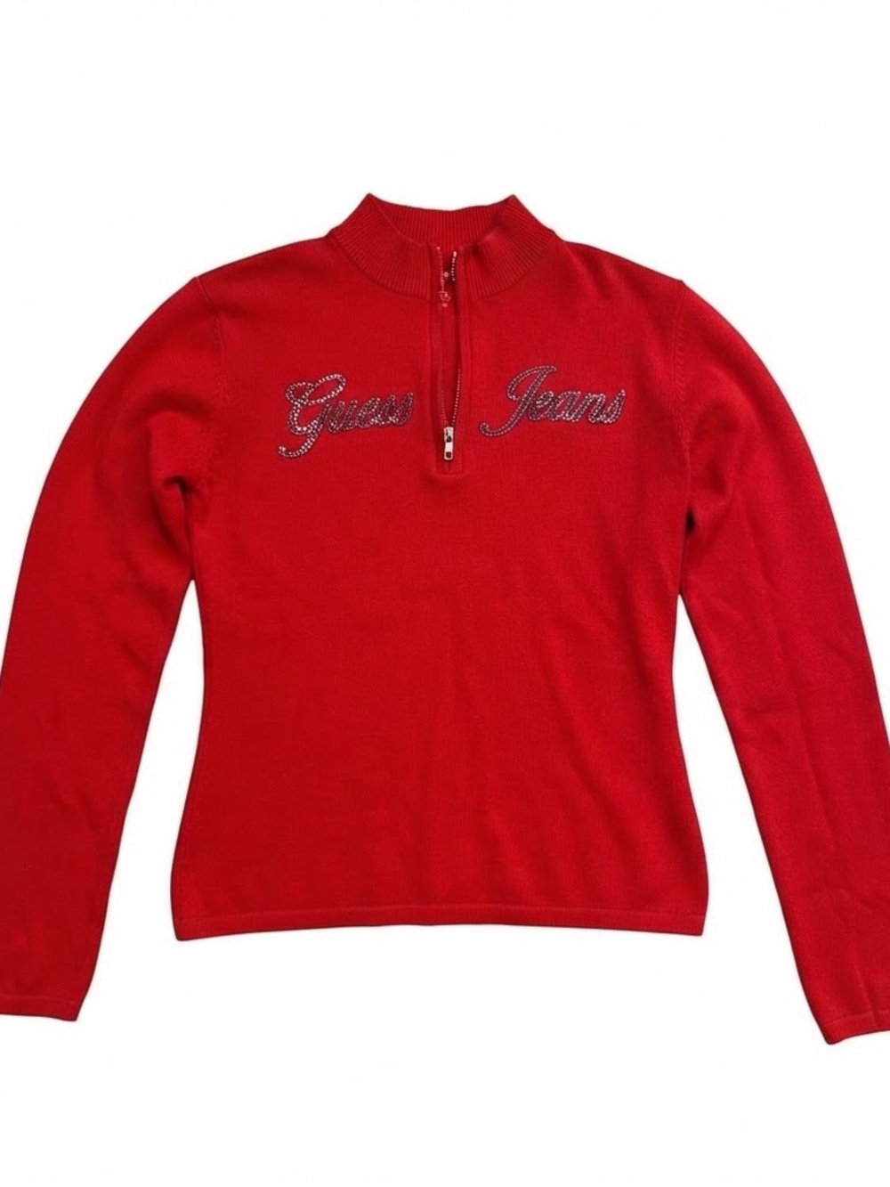 Guess Red Rhinestone Logo Half-Zip Sweater